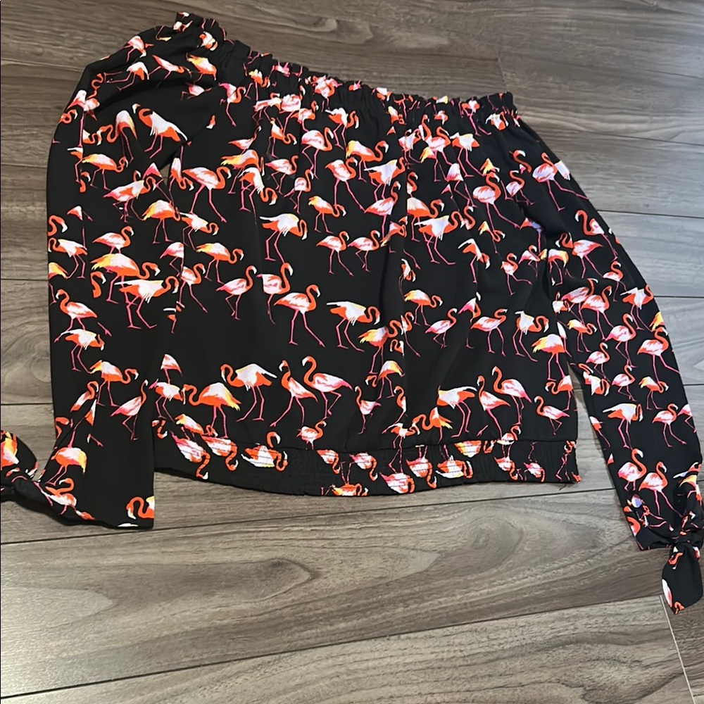 Flamingo Print Black Blouse